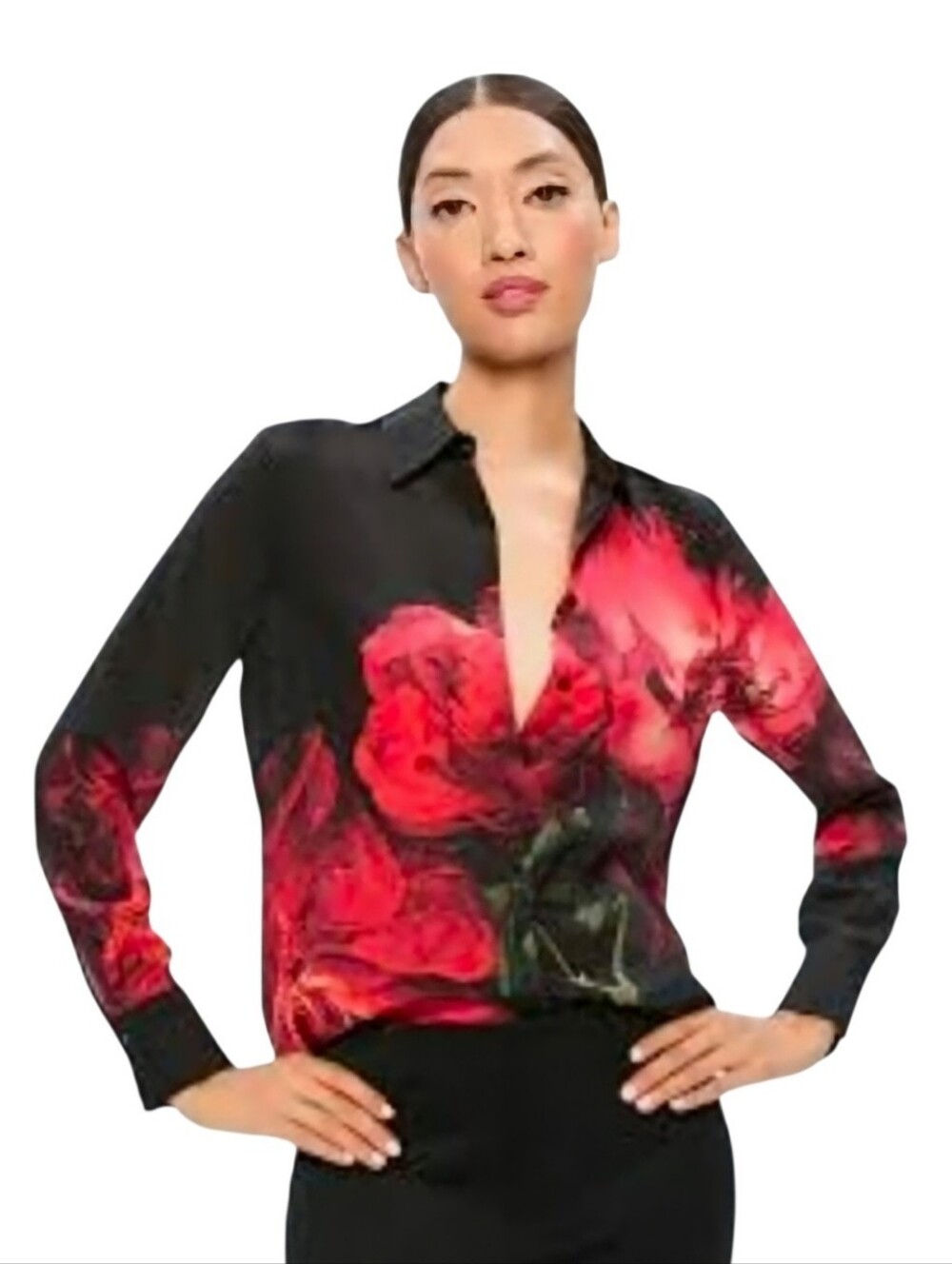 Alice + Olivia Silk Crepe Black Blouse w Large Red Roses Print size small